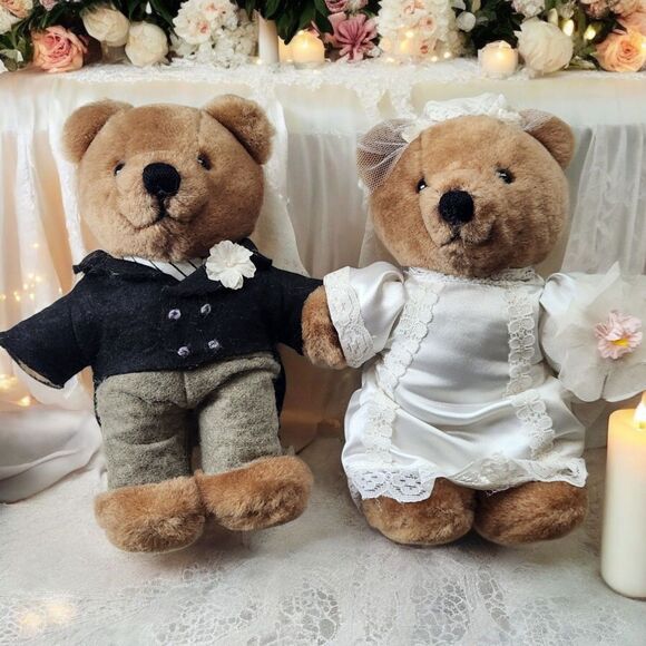 Vintage 1991 Wedding Teddy Bears Bride & Groom 8" Cottagecore Summit Collection - Picture 1 of 13